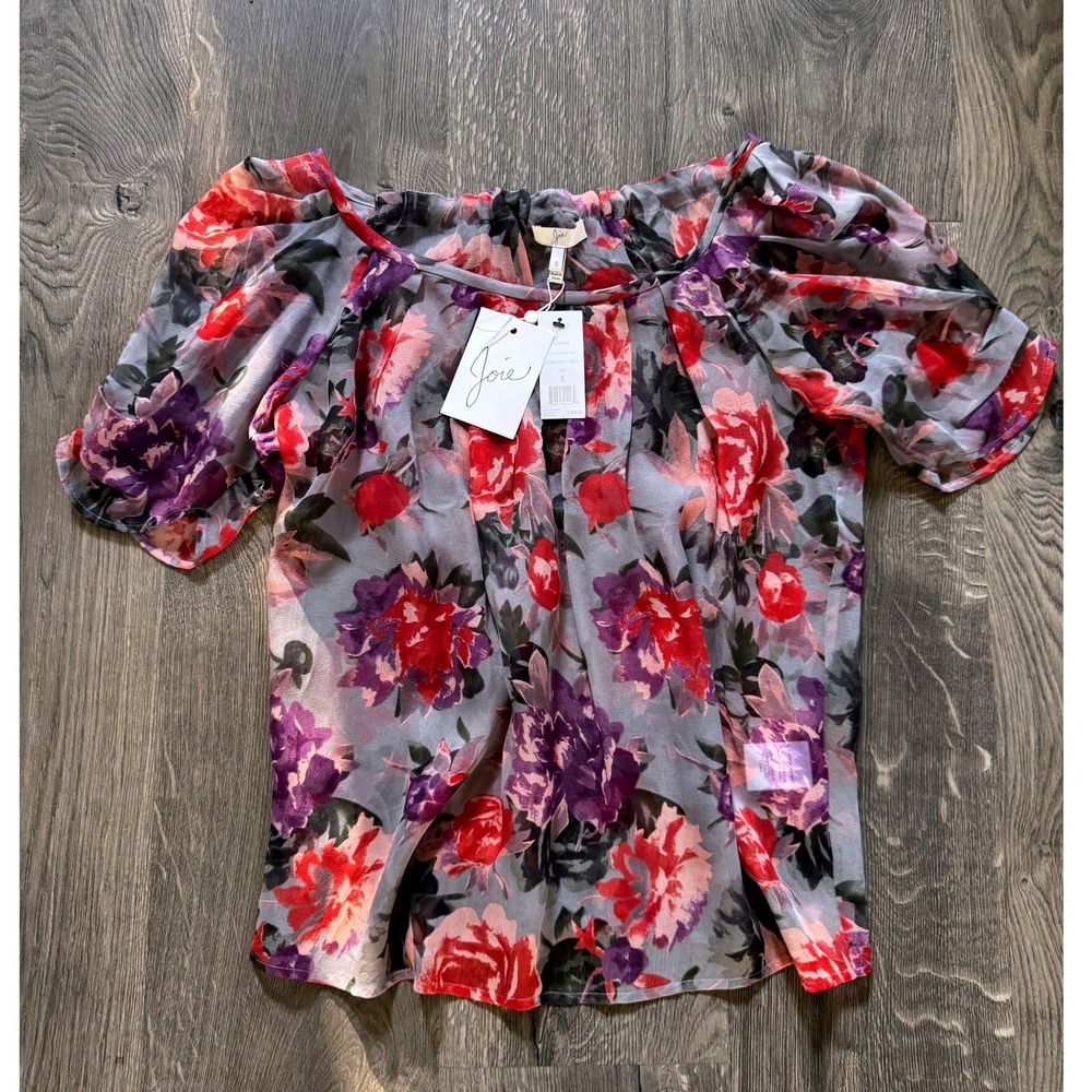 Joie Eleanor Silk Chiffon Blouse S Opal Grey Red Purple Floral Tie Back NWT NEW